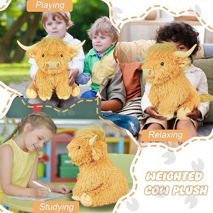Highland Cow Weighted Stuffed Animals, 4 Lbs Yellow Highland Cow Plush 13.7 Inches, Surprise Weighted Stuffed Animals Gift for Kids Birthdays, Halloween, Christmas (Yellow)