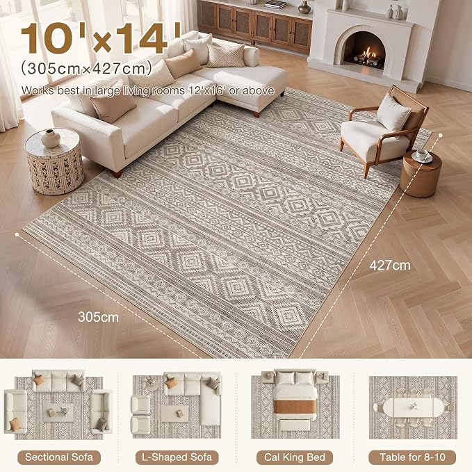 cotiled 10x14 Area Rugs Living Room Rug: Washable Boho Rugs with Non Slip Backing Large Soft Indoor Stain Resistant Carpet for Bedroom Farmhouse Dining Room Lightweight Home Decor Coffee Brown