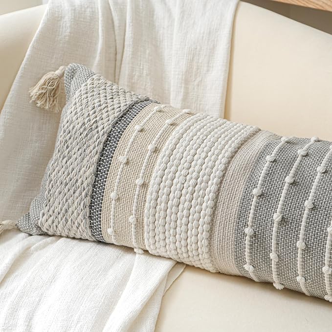 Decorative Lumbar Throw Pillow Cover 12x20 Boho Gray Accent Cushion for Couch Sofa Farmhouse Pillowcase for Bedroom Living Room Home Décor Cover ONLY