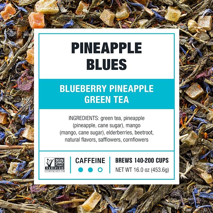 Tiesta Tea - Pineapple Blues, Loose Leaf, Blueberry Pineapple Green Tea, Premium Tropical Blend, Medium Caffeinated, Brews Up to 200 Cups, 16oz Resealable Bulk Pouch