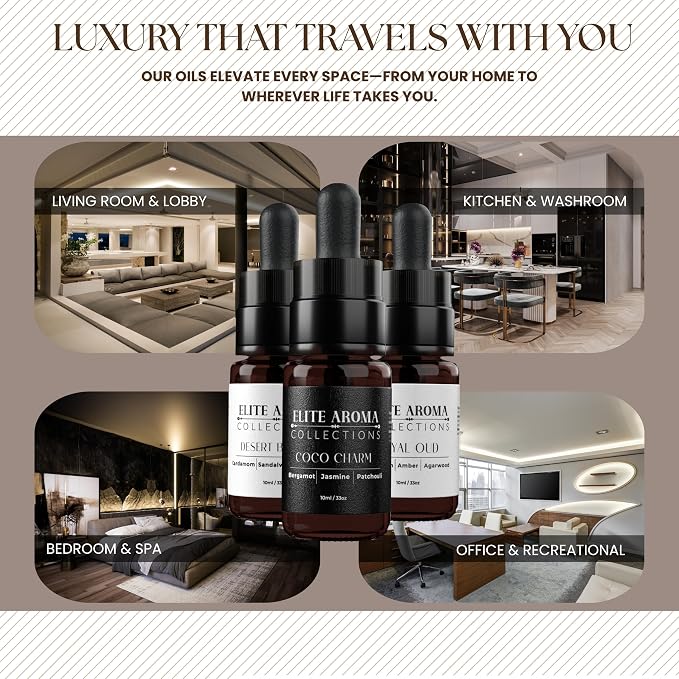 Luxury Hotel Diffuser Oil - Elite Aroma Collection Essential Oils - Coco Charm, Desert Breeze, Royal Oud (3-Pack, 10ml Each) - Premium Hotel-Inspired
