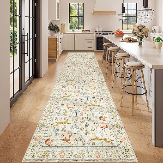DUKINO 3x12 Runner Rug for Hallway, Washable Animal Rug for Kitchen, Beige | Non Slip, Low Pile, Soft Indoor Long Carpet for Entryway, Bedroom, Bathroom, Laundry, Ultra-Thin Pet Friendly, Non-Shedding