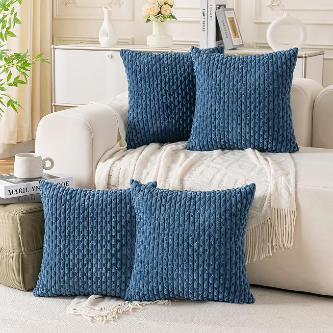 Set of 4 Blue Decorative Throw Pillow Covers 16x16 Inch Corduroy Pillow Covers for Bed Couch Sofa Living Room Soft Square Cushion Cases