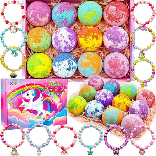 Unicorn Bath Bombs for Kids Girls with Toys Surprise Jewelry Inside Gift for Girls 3 4 5 6 7 8 Years Old Birthday Gifts Ideas Easter Gifts for Girl Easter Basket Stuffers Egg Fillers Christmas Gifts