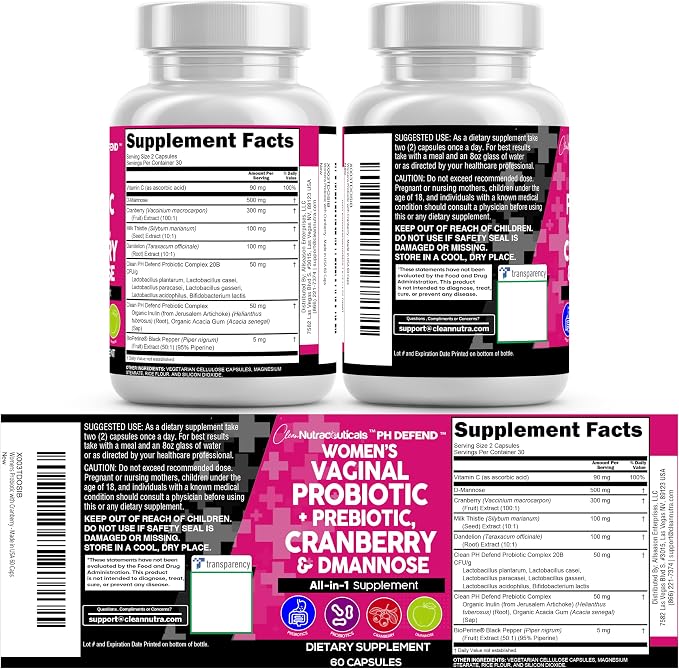 Clean Nutraceuticals Vaginal Probiotics for Women + Prebiotics 20 Billion Cranberry Pills w D-Mannose 500 mg for Urinary Tract Health pH Balance - for Vaginal Health Supplements Pills - 2Pack