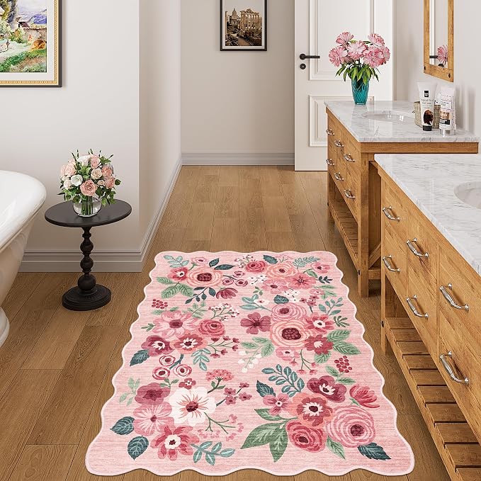 DUKINO 3x4 Rug, Non Slip Floral Washable Area Rug for Entryway, Pink | Soft, Low Pile, Non-Shedding Indoor Throw Rugs for Kitchen, Hallway, Bedroom, Bathroom, Laundry, Pet Friendly, Home Decor