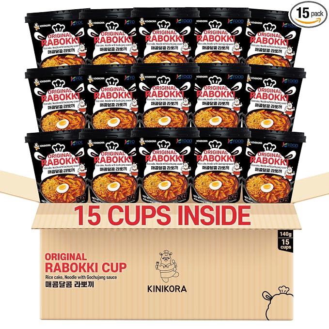 KINIKORA Swicy Instant Rabokki Cup 15-Pack Box, Korean Tteokbokki & Ramen | Topokki style Korean street food, Chewy rice cakes with ramen, Quick 3.5 min microwave cup meal