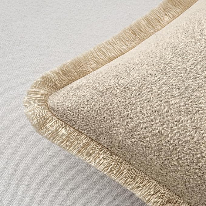 MIULEE Boho Linen Fringe Decorative Throw Pillow Covers Beige 18x18 | Set of 2, Cottagecore Decor, Boho Farmhouse Neutral Pillow Covers, Rustic Couch Cushion Cases for Sofa Bed Living Room