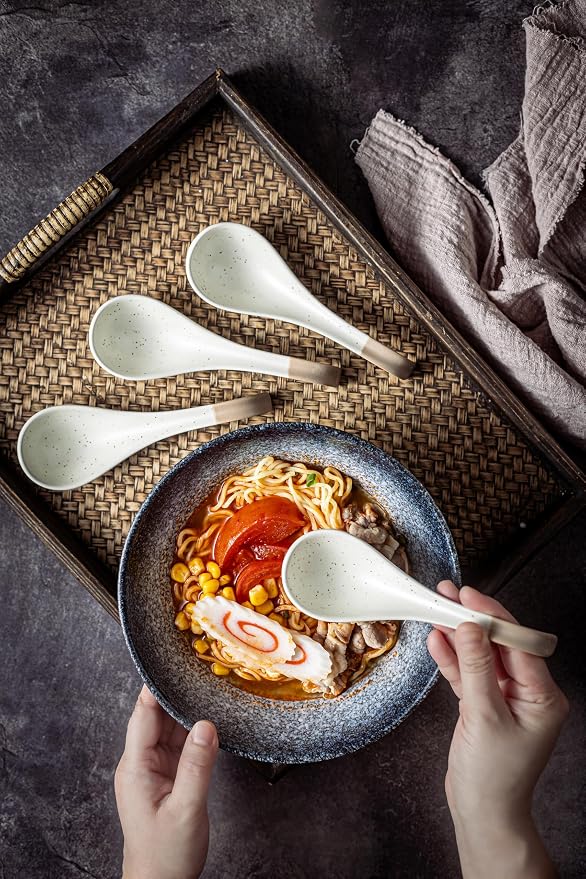 LYEOBOH 6 Pieces Asian Soup Spoons, Japanese Kitchen Soup Spoon Set, Dinner Tablespoons with Long Handle for Cereal, Ramen, Ice Cream, Dishwasher & Microwave Safe, Rustic Decor, White and Brown
