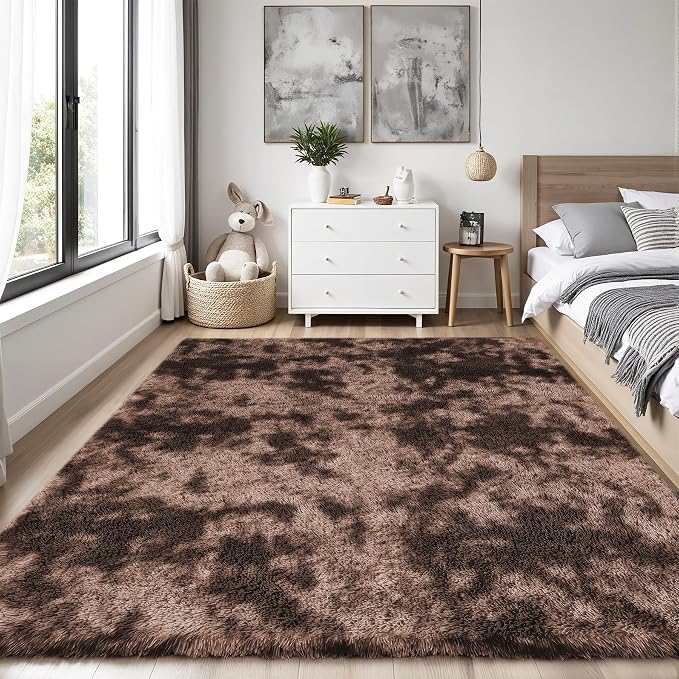 Area Rug for Living Room Bedroom: 4x6 Soft Fluffy Shag Upgrade Non-Slip High Pile Carpet Large Fuzzy Plush Indoor Floor Decor Shaggy Coffe Tie-Dyed Rug for Kid Boys Girls Playroom Nursery Modern Home