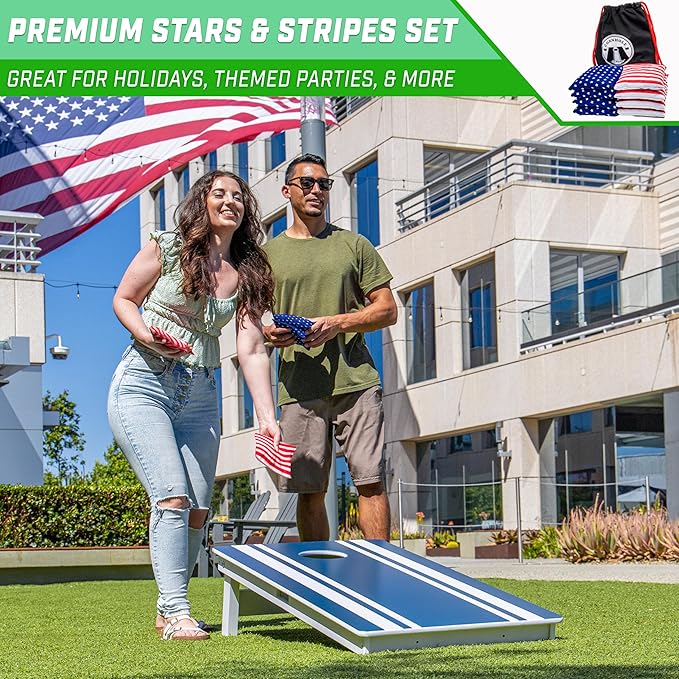 GoSports Official Regulation Cornhole Bean Bags Set of 8 – for Competitive Cornhole Games - All Weather - American Stars and Stripes or Red and Blue