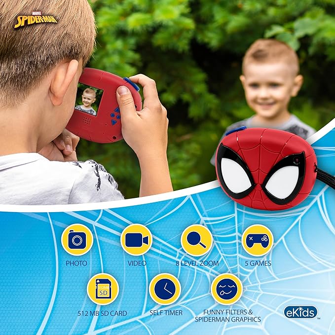 ekids Spiderman Kids Camera with SD Card, Digital Camera for Kids with Video Recording, Built-in Digital Stickers for Fans of Spiderman Gifts