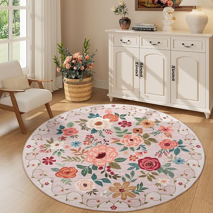 DUKINO 5ft Round Rug, Non Slip Floral Washable Small Circle Rug, Beige | Soft, Low Pile, Floral Indoor Area Rug for Bedroom, Living Room, Kids Room, Office, Pet Friendly, Stain Resistant, Home Decor