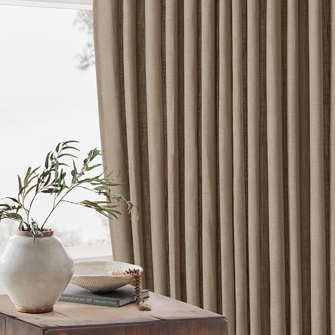 TWODRAPES 98 Inch Tan Brown Linen Curtains for Living Room Pinch Pleated Drape with Hooks Rings for Track System Light Filtering 98 Inch Curtain for Bedroom Sliding Patio Door 2 Panels Latte