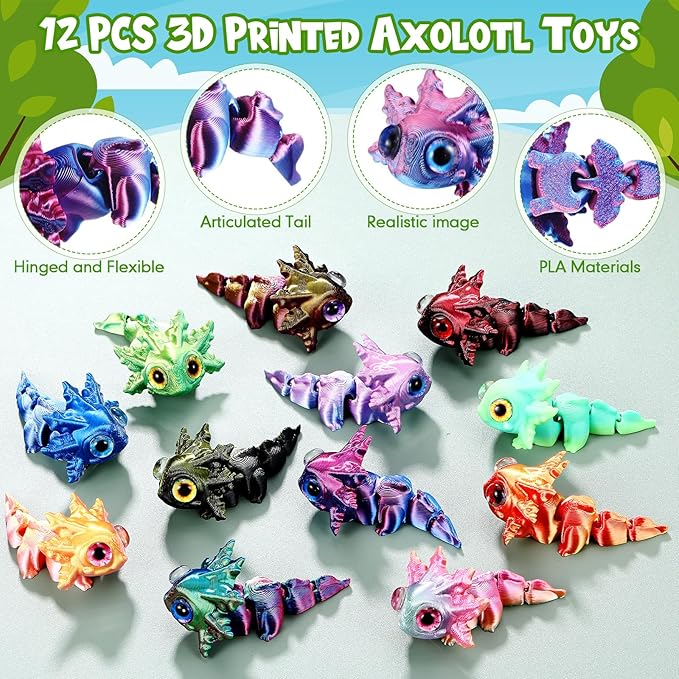 Honoson 12 Pcs 3D Printed Fidget Toy 3D Printed Baby Axolotl Small Animal Toy Flexible Cute Articulating Pet Stress Relief Fidget Toys for Play and Display(6cm)