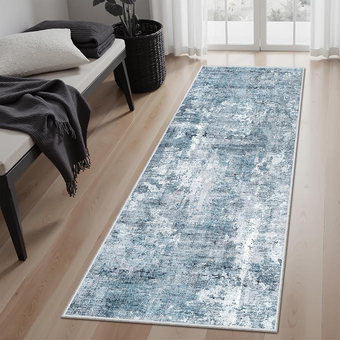 Soalmost Abstratc Runner Rug 2x5 Washable Kitchen Entry Runners Blue/Grey | Non-Slip Low-Pile Rugs for Bathroom Laundry Room, Vintage Foldable Floor Carpet Mat Hallway Entryway for Corridor Bedroom