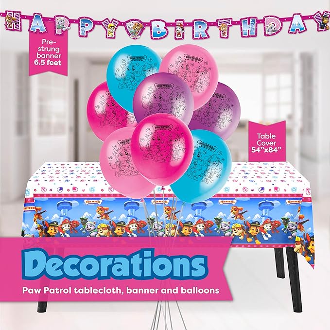 Skye Paw Patrol Birthday Decorations | Serves 16 | Pink Banner, Tablecloth, Balloons, Plates and Napkins, Temporary Tattoos, Sticker | Paw Patrol Party Decorations for Girls