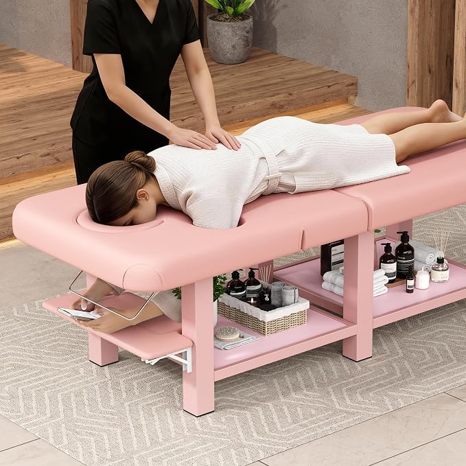 Extra Large 34''×80'' Folding Stationary Massage Table with Adjustable Backrest, Heavy-Duty Metal Frame PU Leather Treatment Bed for Spa, Physical Therapy, Tattoo, Facial & Medical Exam - Pink