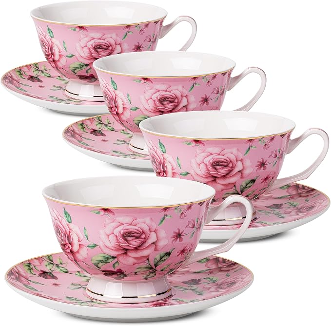 BTaT- Floral Tea Cups and Saucers, 8 oz, Fine Porcelain Teacup Set with Gold Trim for Afternoon Tea, Weddings, Parties & Gifting, Dishwasher Safe, Lightweight, Non-Toxic, Set of 4