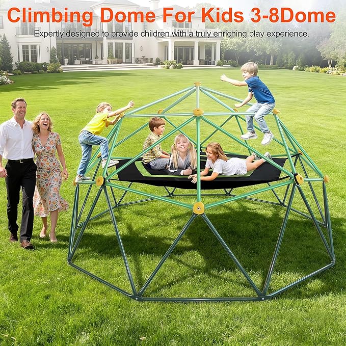 10FT Kids Climbing Dome Jungle Gym, with Hammock, All-Weather Heavy Duty Outdoor Playset for Ages 3-12, IPX9 Steel Frame, Backyard, Park, Indoor Use