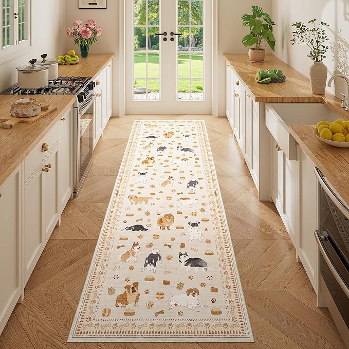DUKINO 2.6x8 Kitchen Runner Rug, Washable Non Slip Dog Rug, Beige Yellow | Soft, Stain Resistant, Low Pile, Non-Shedding Animal Carpet Runner for Hallway Entryway Bathroom Laundry, Kid & Pet Friendly