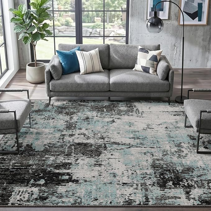 RELEANY Washable 8'x10' Abstract Area Rug for Living Room Teal Black | carpet for bedroom, kitchen, office, hallway and entryway, printed pattern, non-slip, soft, stain-resistant, easy to clean