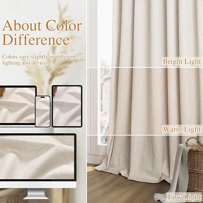 Guken 100% Blackout Linen Curtains 105 Inch Length 2 Panels Set for Living Room Bedroom Back Tab Thermal Insulated Black Out Drapes Room Darkening Farmhouse Style for Bedroom Window Curtains 52x105