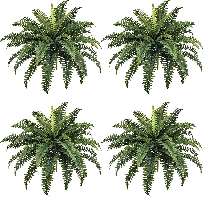 FOREST PRINCE 35" Fake Ferns, 4 Large Artificial Bonston Ferns Bushes Plants with 39 Fronds for Outdoors Garden Patio Porch Entrance Low Maintain Home Decor