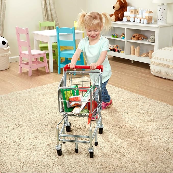 Melissa & Doug Toy Shopping Cart, Grocery Store Pretend Play Toys with Sturdy Metal Frame & Working Wheels, Toddler Shopping Cart, Preschool Learning Toys for Girls & Boys 3+