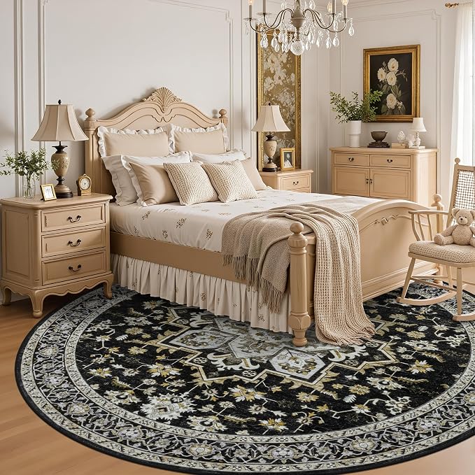 Round Area Rug for Living Room: 8 ft Washable Vintage Boho Soft Thin Circle Rug Indoor Floor No Slip Stain Resistant Carpet for Bedroom Dining Room Farmhouse Nursery Home Office -Black Gold