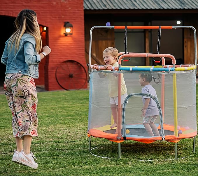 Trampoline for Kids with Safety Enclosure Indoor and Outdoor Toddler Trampoline for Kids Anti Rollover Round Base Double Safety Handles 440 lbs Capacity ASTM Tested Easy Assembly Gift