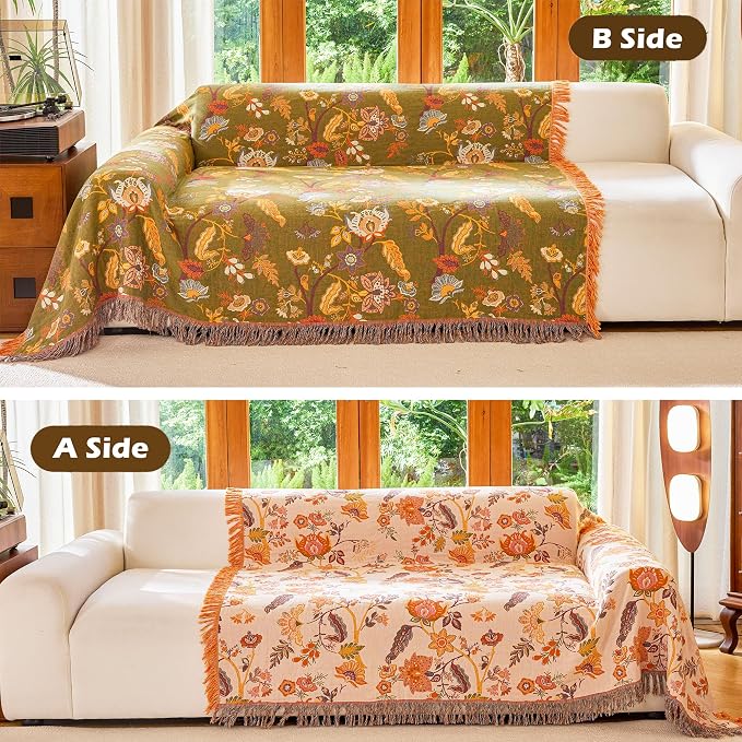VANJOROY Boho Throw Blanket 60" x 80", 100% Organic Cotton Breathable Skin-Friendly Ultra Soft Bed Quilt Throw - Floral Rustic Decor Luxury Reversible Blanket for Sofa Couch Chair and Gift,