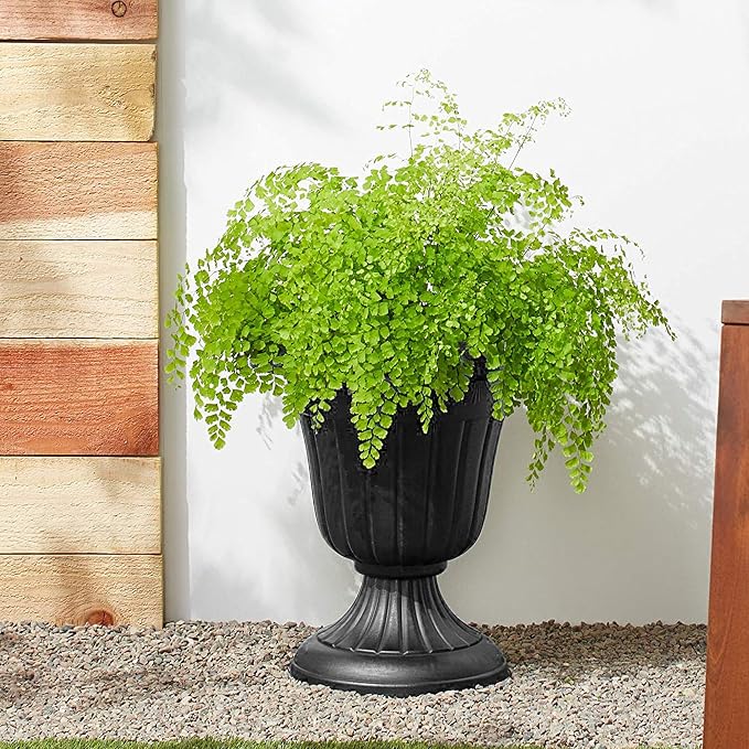 Arcadia Garden Products PL10BK Classic Traditional Plastic Urn Planter Indoor/Outdoor, 15" x 13", Black