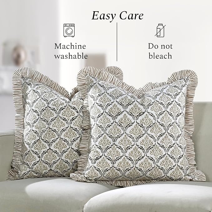 CPC Sandstone Regal Hand Block Print 100% Cotton Ruffle Throw Pillow Cover 24x24 inch with Hidden Zipper Decorative for Couch, Bed, Sofa, Farmhouse, Cottagecore Decor Gift Christmas Fall Thanksgiving