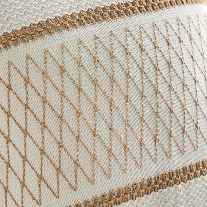 2pk Boho Pillow Covers 20x20, Natural White/Grid/Brown | 100% Organic Cotton Body, Stripe Embroidery, Farmhouse Decorative Cushion Covers for Sofa Bed Living Room Home Decor