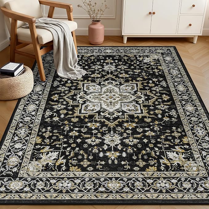 3x5 Area Rugs Living Room Rug: Washable Vintage Boho Medallion Rug No Slip Stain Resistant Soft Carpet Indoor Large Carpets for Bedroom Dining Room Farmhouse Nursery Hallway Home Office Black Gold
