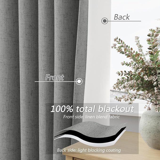 Guken Dark Grey 100% Blackout Linen Curtains 63 Inch Length 2 Panels Set for Living Room Bedroom Back Tab/Rod Pocket Thermal Insulated Black Out Drapes Room Darkening Farmhouse Window Curtains