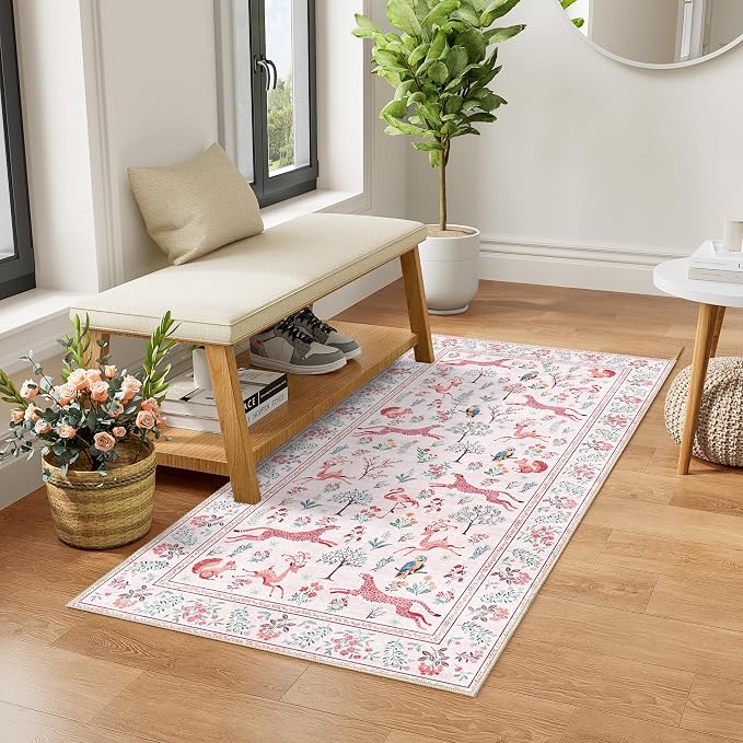 DUKINO 2x4 Rug for Entryway, Animal Washable Runner Rug for Kitchen, Pink | Non Slip, Low Pile, Stain Resistant Thin Indoor Carpet for Hallway, Bedroom, Bathroom, Laundry, Pet Friendly, Non-Shedding