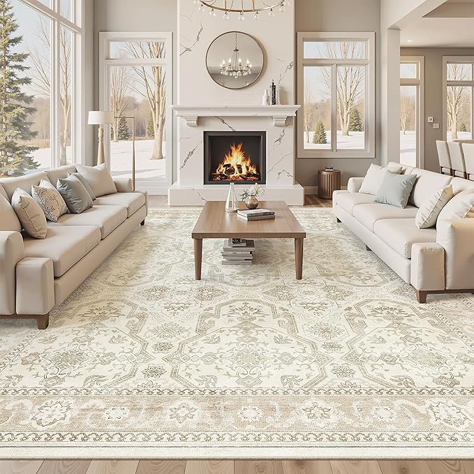 Soalmost 10x14 Area Rugs for Living Room Washable Rug Non-Slip Beige/Brown | Large Vintage Stain Resistant Carpet for Dining Bedroom, Low Pile Lightweight Foldable Floor Mat Nursery Home Office Decor