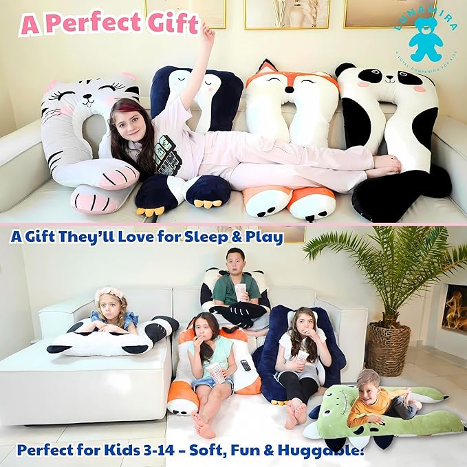 LUNAMIRA Panda Kids Body Pillow - 47" U-Shape Long Plush Soft Animal Pillow for Kids, Sleeping, Reading, ADHD & Special Needs Comfort, Anxiety, Washable Cover, Snuggle Fun Cuddle Gift for Boys & Girls