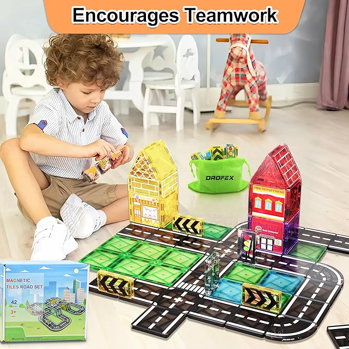 42pcs Magnetic Tiles Road, Magnetic Building Blocks City Construction Toys for 3+Year Old Boys Girls, Kids Montessori Toys for Toddler, STEM Learning Gifts