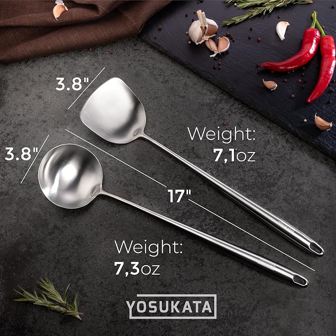 YOSUKATA Carbon Steel Wok Pan - 14 “ Woks and Stir Fry Pans With Lid 13.6 Inch - Premium Stainless Cover with Tempered Glass Insert Steam Holes +17’’ Spatula and Ladle