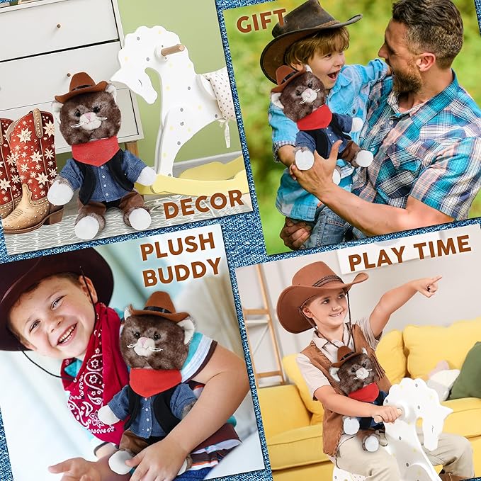 DolliBu 7-Inch Personalized Cowboy Brown Cat Plush – Western-Themed Stuffed Animal with Denim Vest, Bandana, Leather Pants & Hat