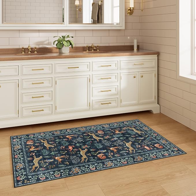 DUKINO 2x4 Rug for Entryway, Animal Washable Rug for Kitchen, Navy Blue | Non Slip, Low Pile, Stain Resistant Indoor Runner Rug for Hallway, Bedroom, Bathroom, Laundry, Pet Friendly, Non-Shedding