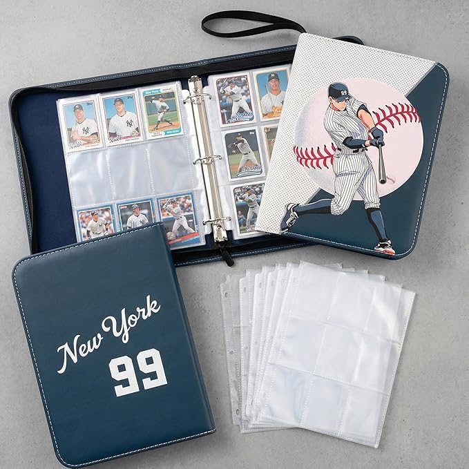 HBK Baseball Card Binder 900 Pockets Trading Card Holder Album with 50 Pages 3 Ring Sports Card Storage Case Waterproof PU Leather Gift for Collectors