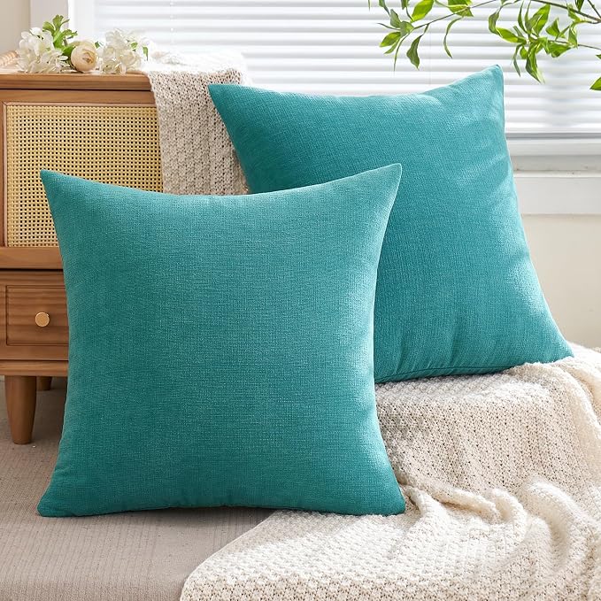 MIULEE Teal Chenille Couch Throw Pillow Covers, 20x20 | Set of 2, Soft Coastal Home Decor, Modern Farmhouse Decorative Pillowcases for Sofa Living Room Bed