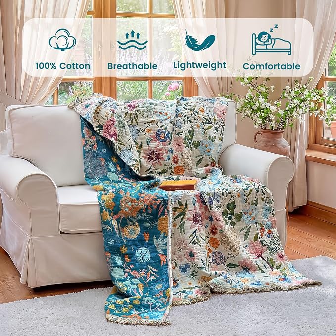 MSGKV Boho Throw Blanket 60"x80" Summer Cotton Orchid Blanket for Couch | Muslin Throw, Orchid Floral Pattern, Reversible Woven, Lightweight Comfort, Farmhouse Decor, All Seasons, Machine Washable
