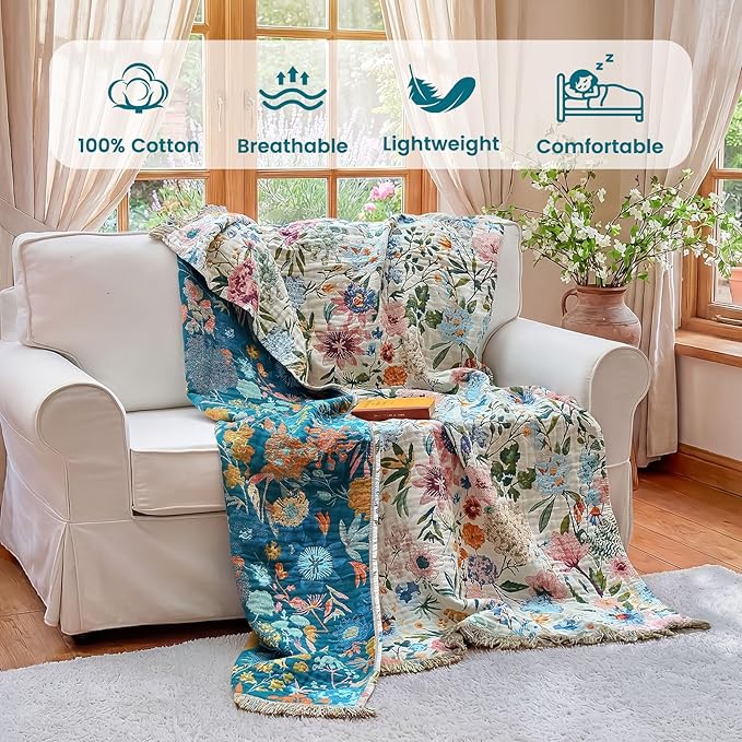 MSGKV Boho Throw Blanket 50"x60" Summer Cotton Orchid Blanket for Couch | 100% Cotton Muslin, Orchid Throw Blanket, Reversible Weave, Soft & Breathable, Elegant Home Accent, Machine Washable