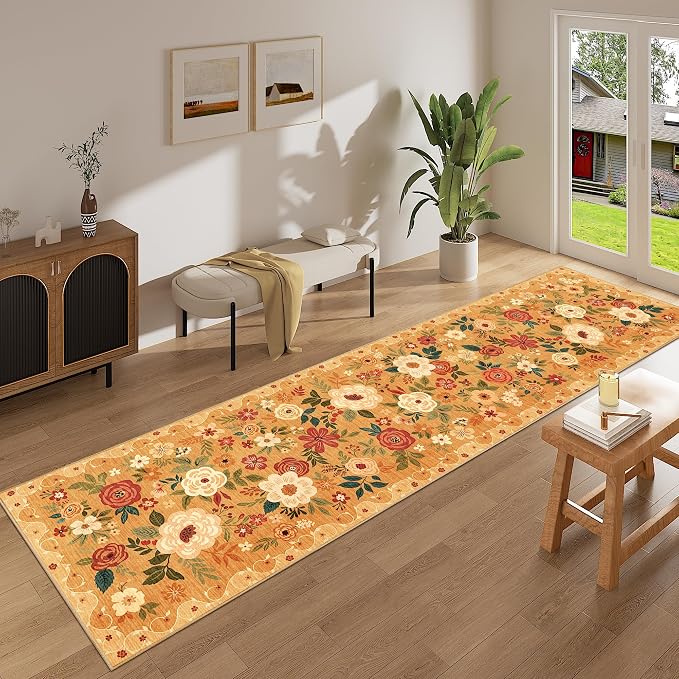 DUKINO 2.6x10 Runner Rug for Hallway, Washable Kitchen Rugs Non Slip Orange | Soft, Low Pile, Floral Indoor Floor Rug Runner for Entryway, Bedroom, Bathroom, Laundry, Pet Friendly, Home Decor, Ultra-Thin