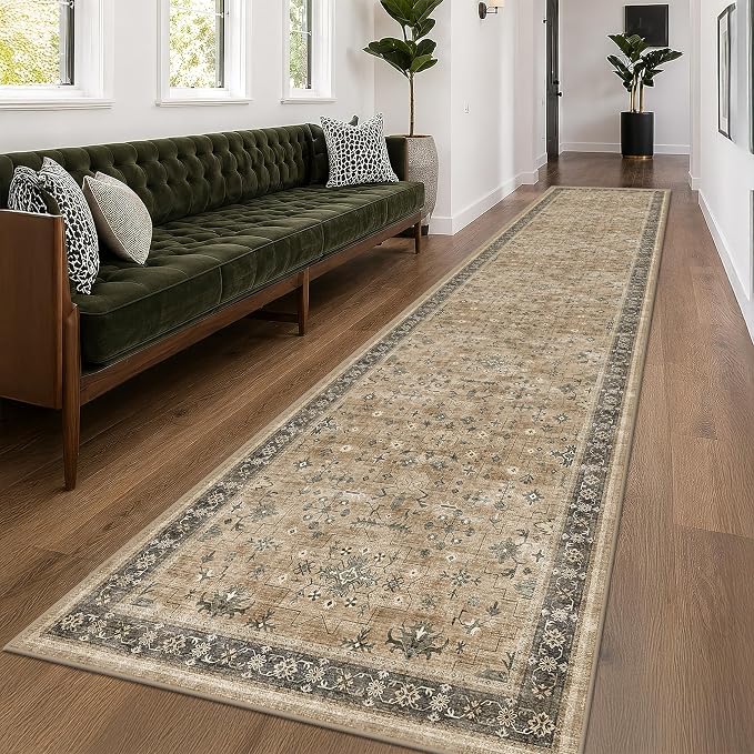 Hazo Haus Boho Washable 3x16 Extra Long Hallway Runner Rug, Neutral Large Kitchen Floor Rug Indoor, Non-Slip Stain & Fade Resistant, Vintage Dark Earthy Taupe Décor